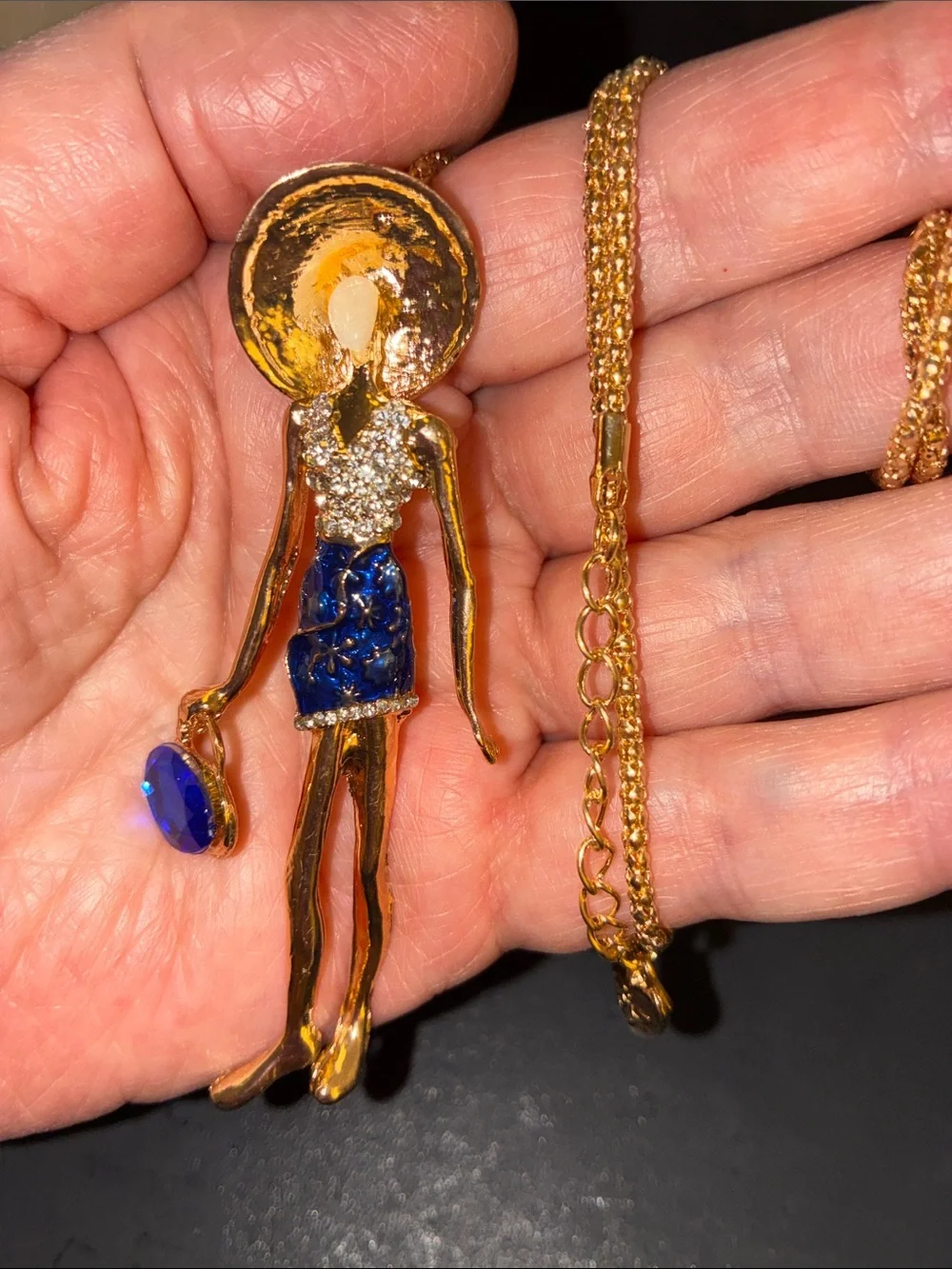 Doll Pendant Necklace with Blue Crystals